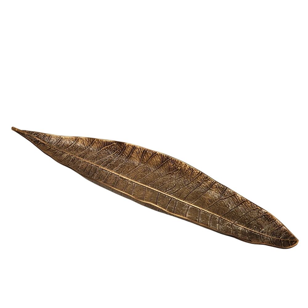 Metal Leaf Shaped Incense Holder Ash Tray Bronze Tone 11" Buddhist Meditaion